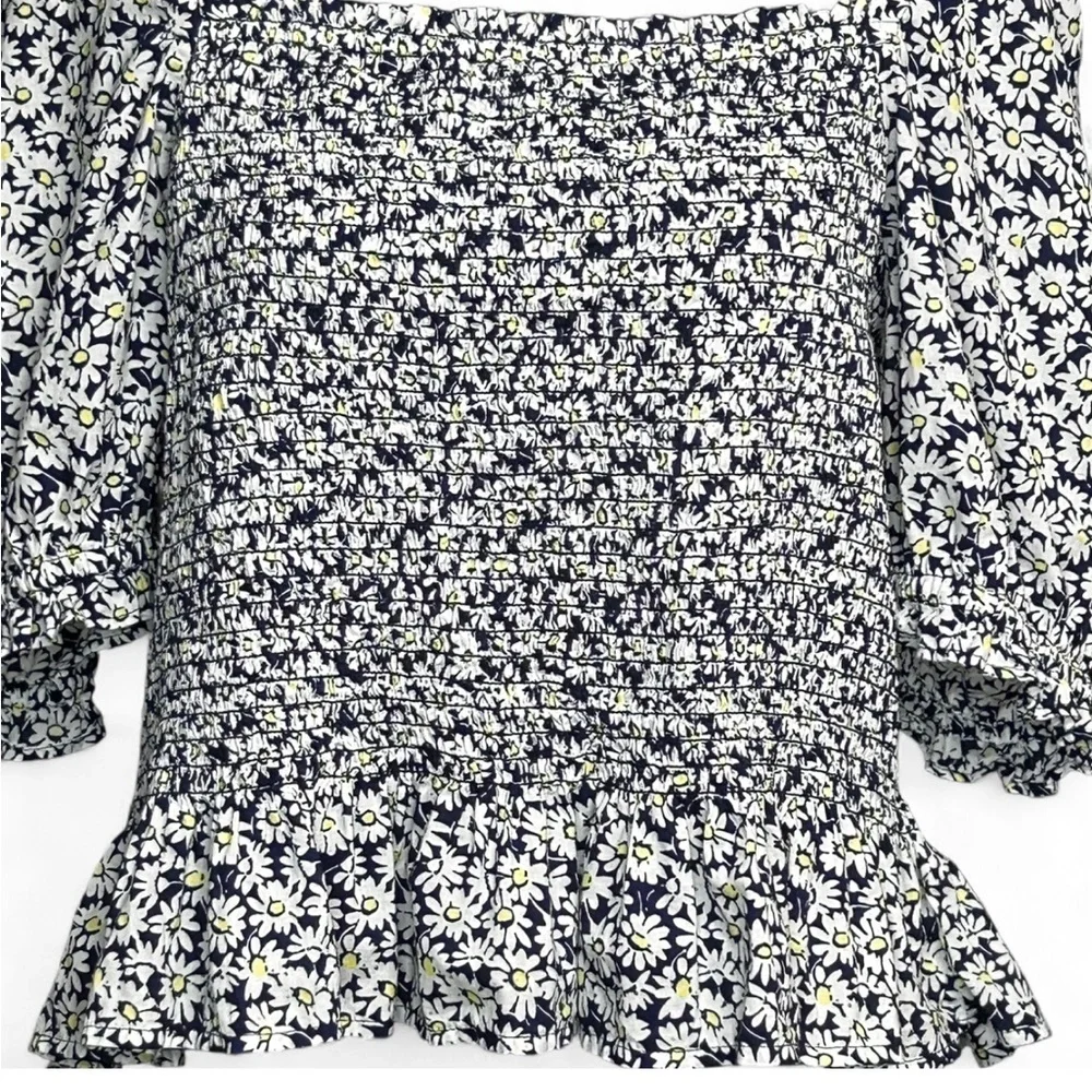 J CREW Black & White Daisy Print Blouse Square Neck Ruffle Hem XL, NWOT